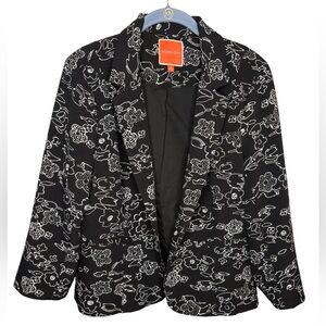 ModCloth Blazer black White Floral Outline pattern womens size large career wear